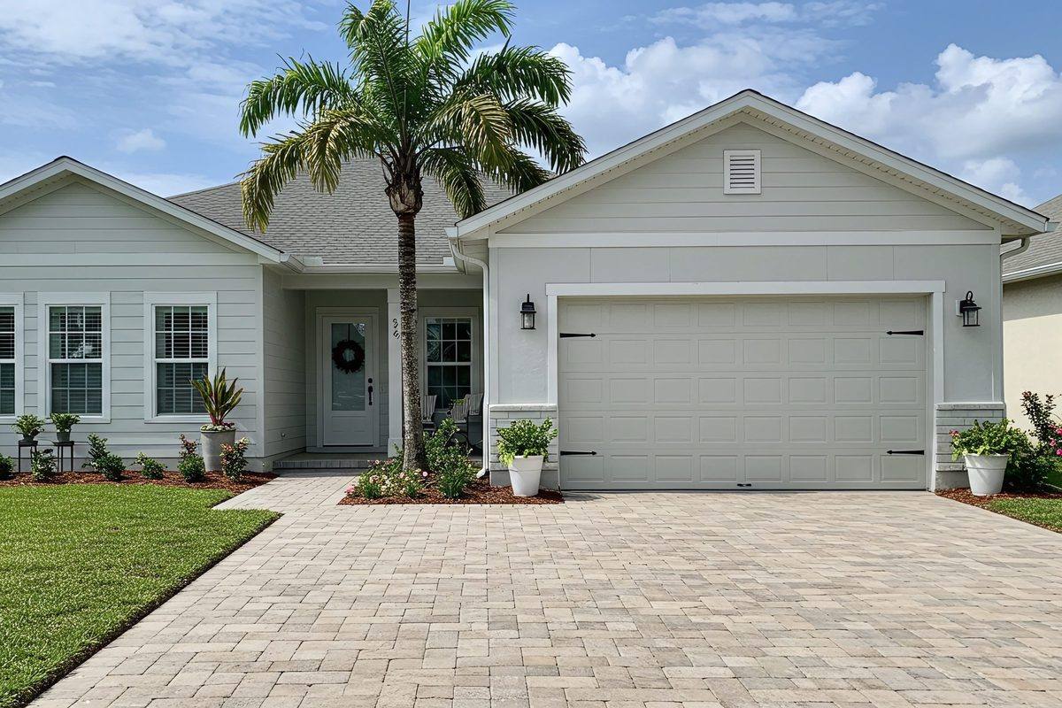 Home with a paver driveway and garage, from O and M Masonry own website
